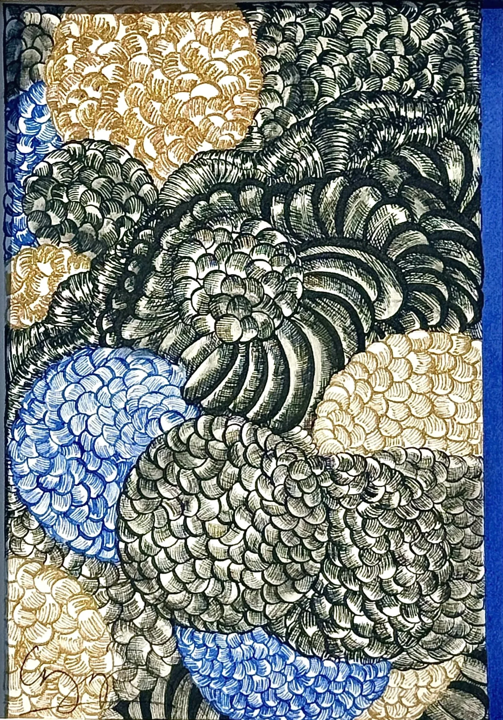 Blue Mood 15, 2026, Œuvre originale, Encre sur vélin d’Arches, tétraptyque 100x35 cm (VENDUE)