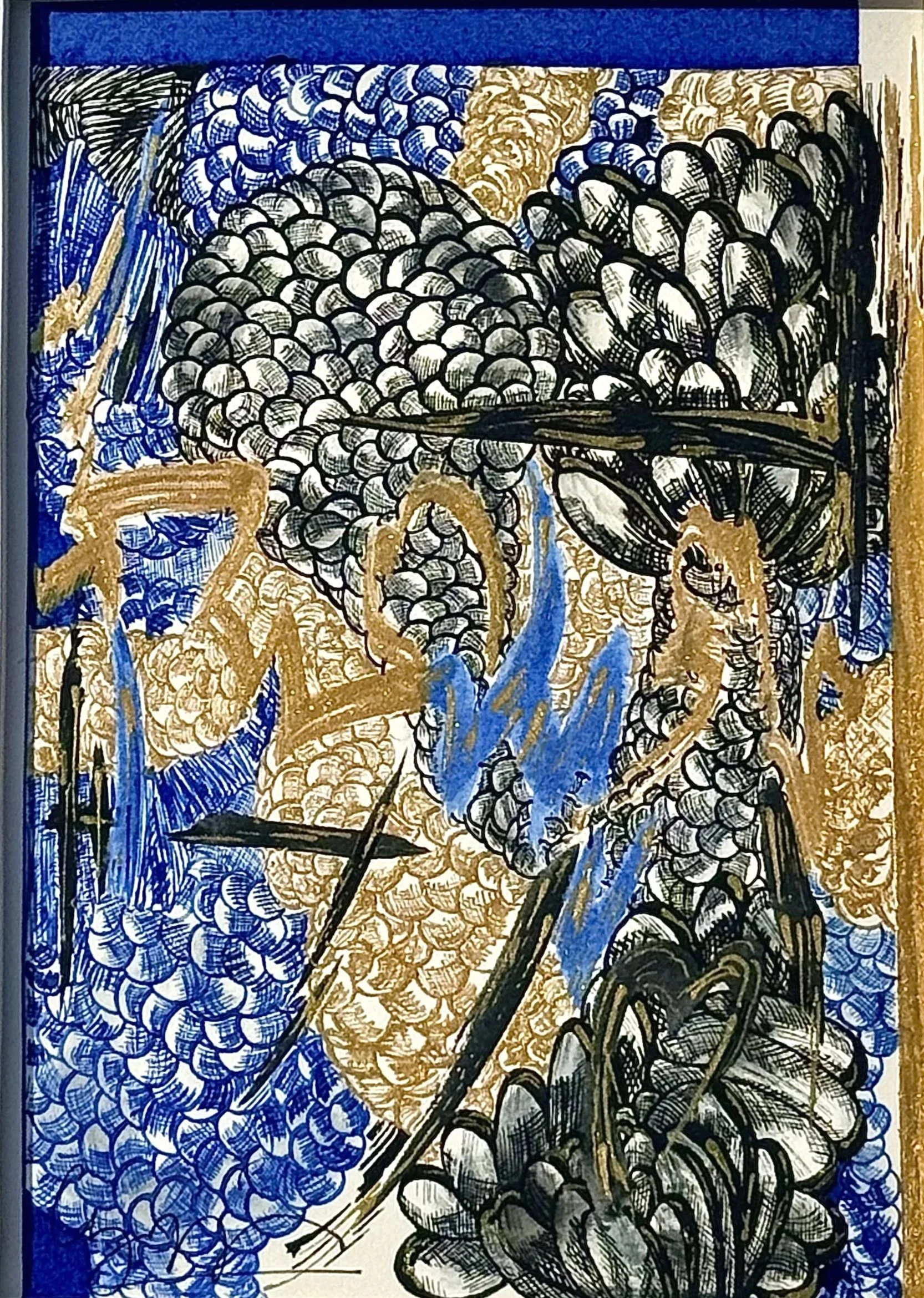 Blue Mood 15, 2026, Œuvre originale, Encre sur vélin d’Arches, tétraptyque 100x35 cm (VENDUE)