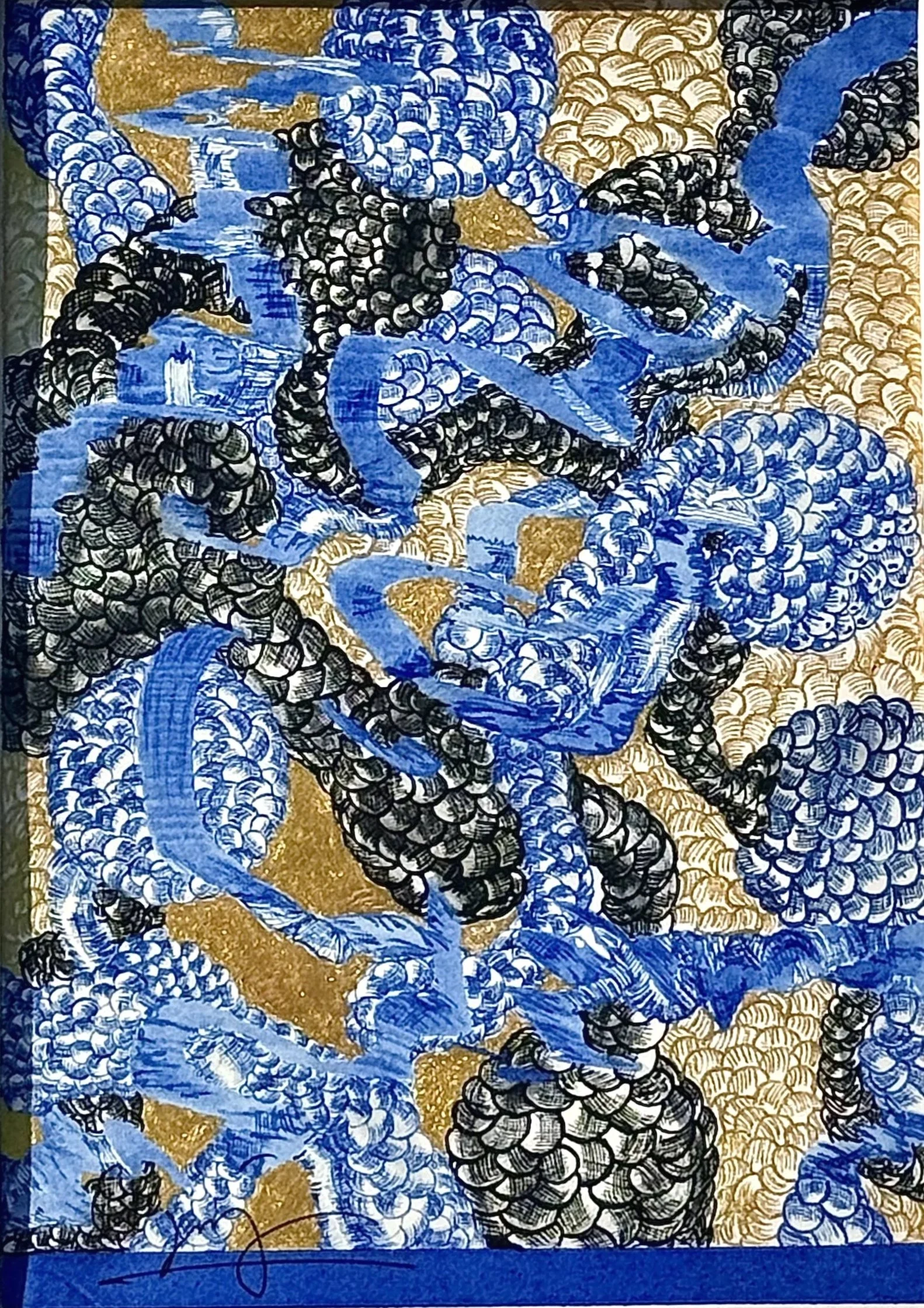 Blue Mood 15, 2026, Œuvre originale, Encre sur vélin d’Arches, tétraptyque 100x35 cm (VENDUE)