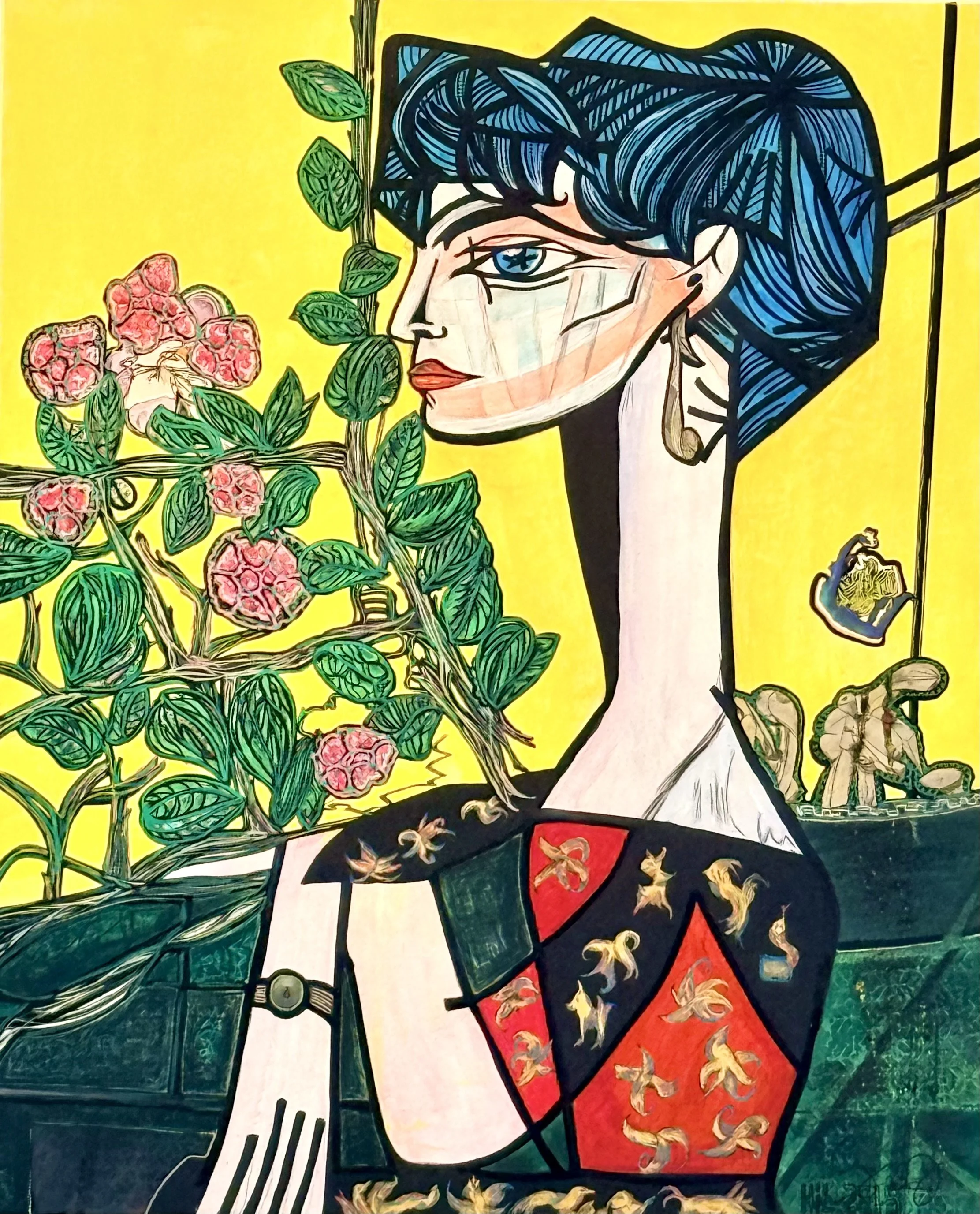 La dame aux fleurs, d’après une inspiration de Pablo P, Œuvre originale 2020, technique mixte sur toile, 100x80 cm