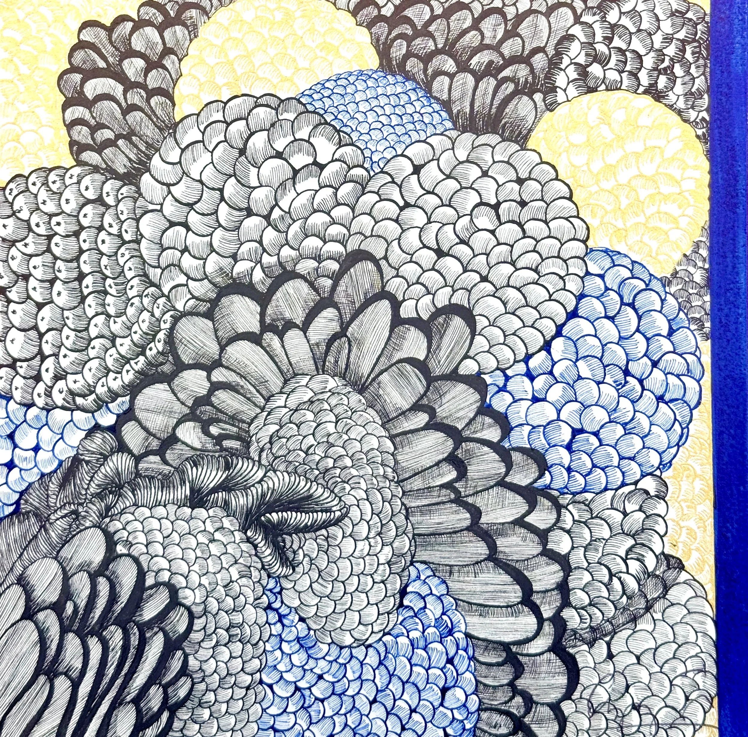 Blue Mood 6, 2024, Œuvre originale, Encre sur vélin d’Arches, 20x20 cm (VENDUE)