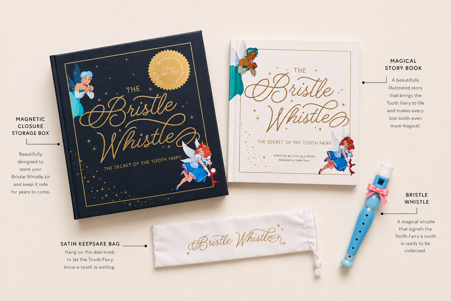 Baby blue wooden tooth fairy whistle with a pink ribbon, a white satin keepsake bag with gold lettering, a storybook titled 'The Bristle Whistle' with fairy-themed illustrations, and a storage box for the Tooth Fairy kit.