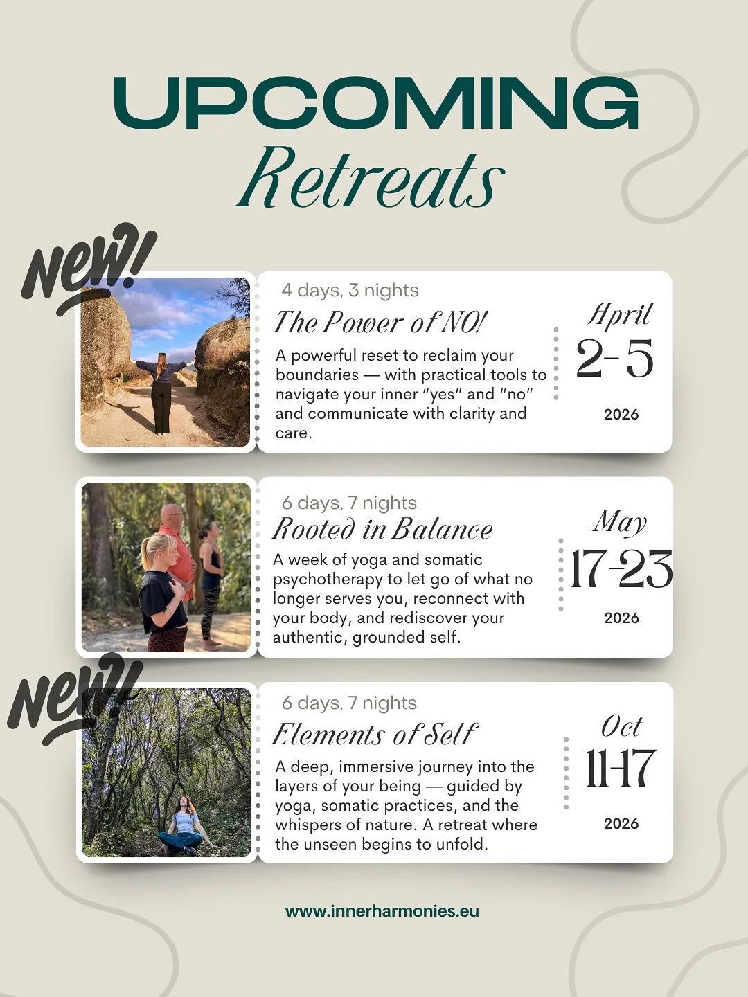 Our retreat dates for 2026 just launched!!! ✨

We&rsquo;re super excited to open the doors to three soulful journeys next year &mdash; each blending yoga, somatic psychotherapy, and nature to help you reconnect, realign, and return to yourself. 🌿

?