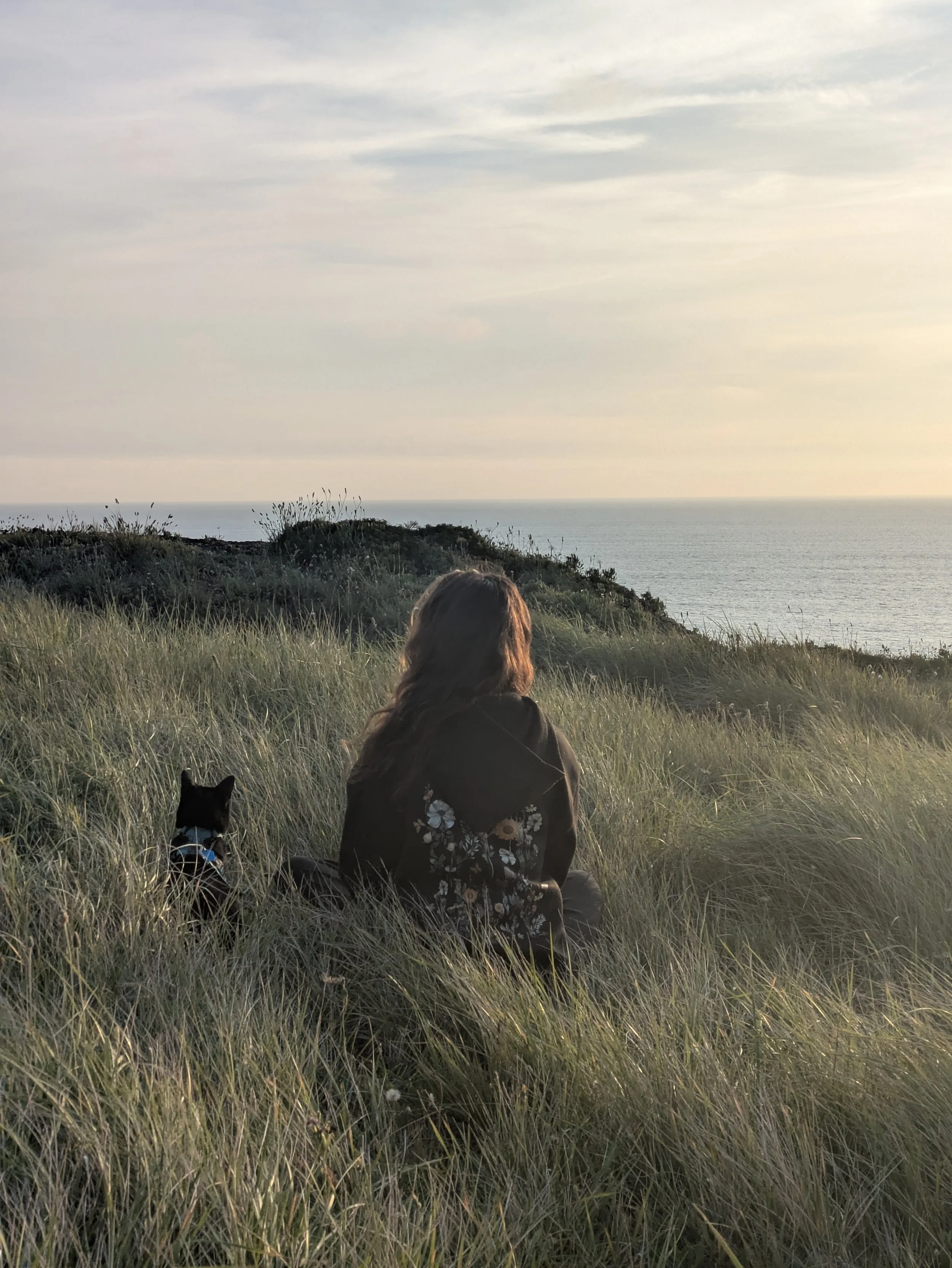 A woman sitting in tall grass on a hill, looking at the ocean during sunset with a small black dog sitting beside her.