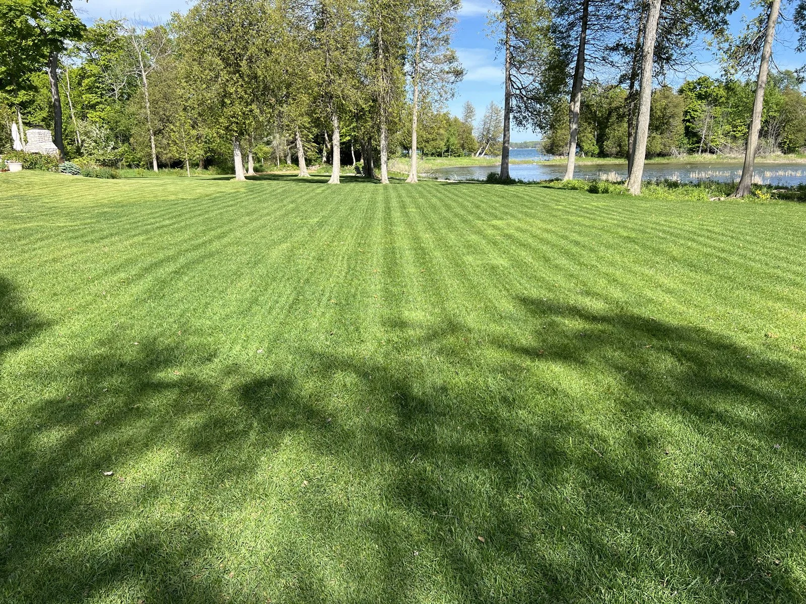 Lush green lawn with striped mowing pattern, surrounded by trees, near a body of water.