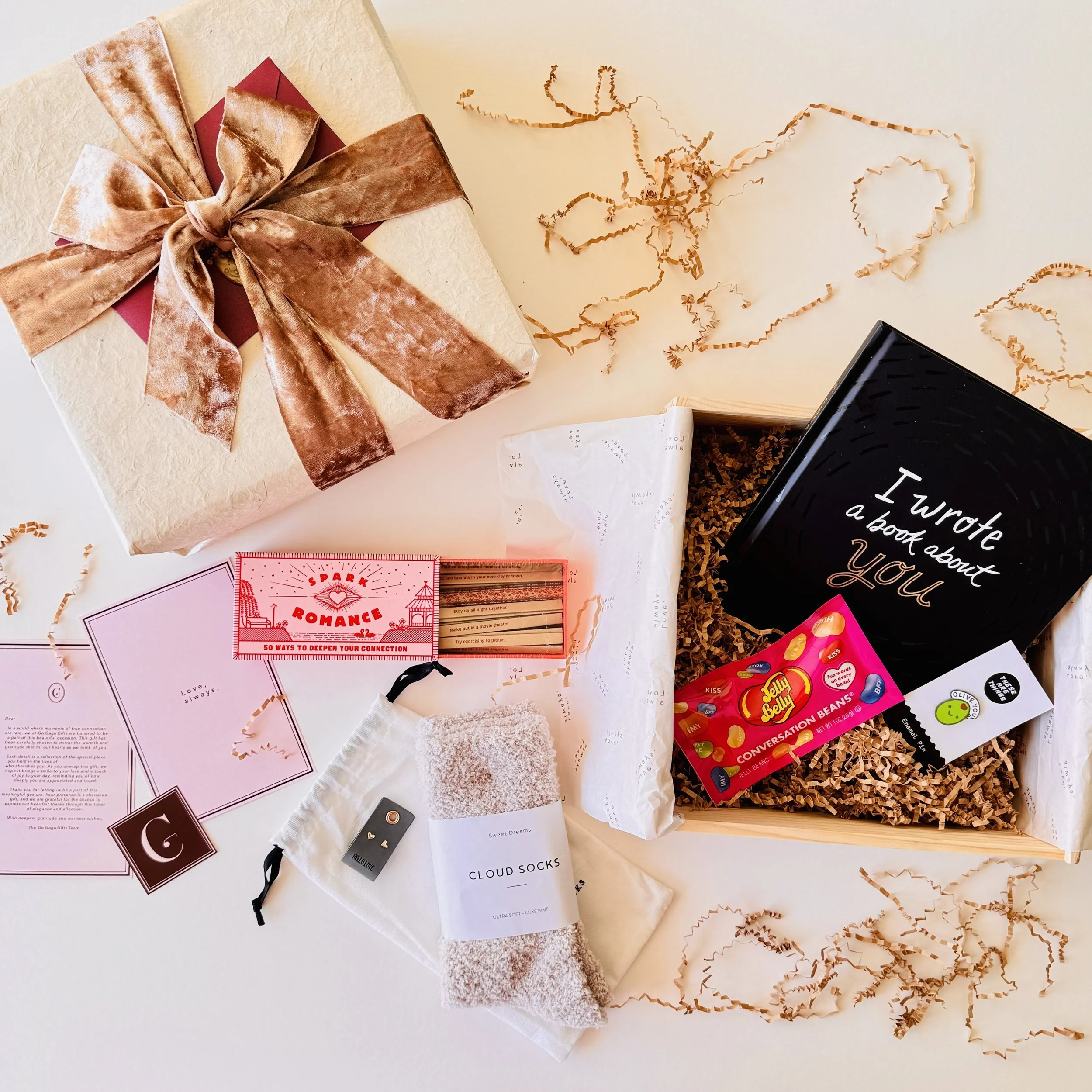 Love Letter Box by Go Gaga Gifts with the I Wrote a Book About You journal, velvet ribbon, and romantic keepsakes