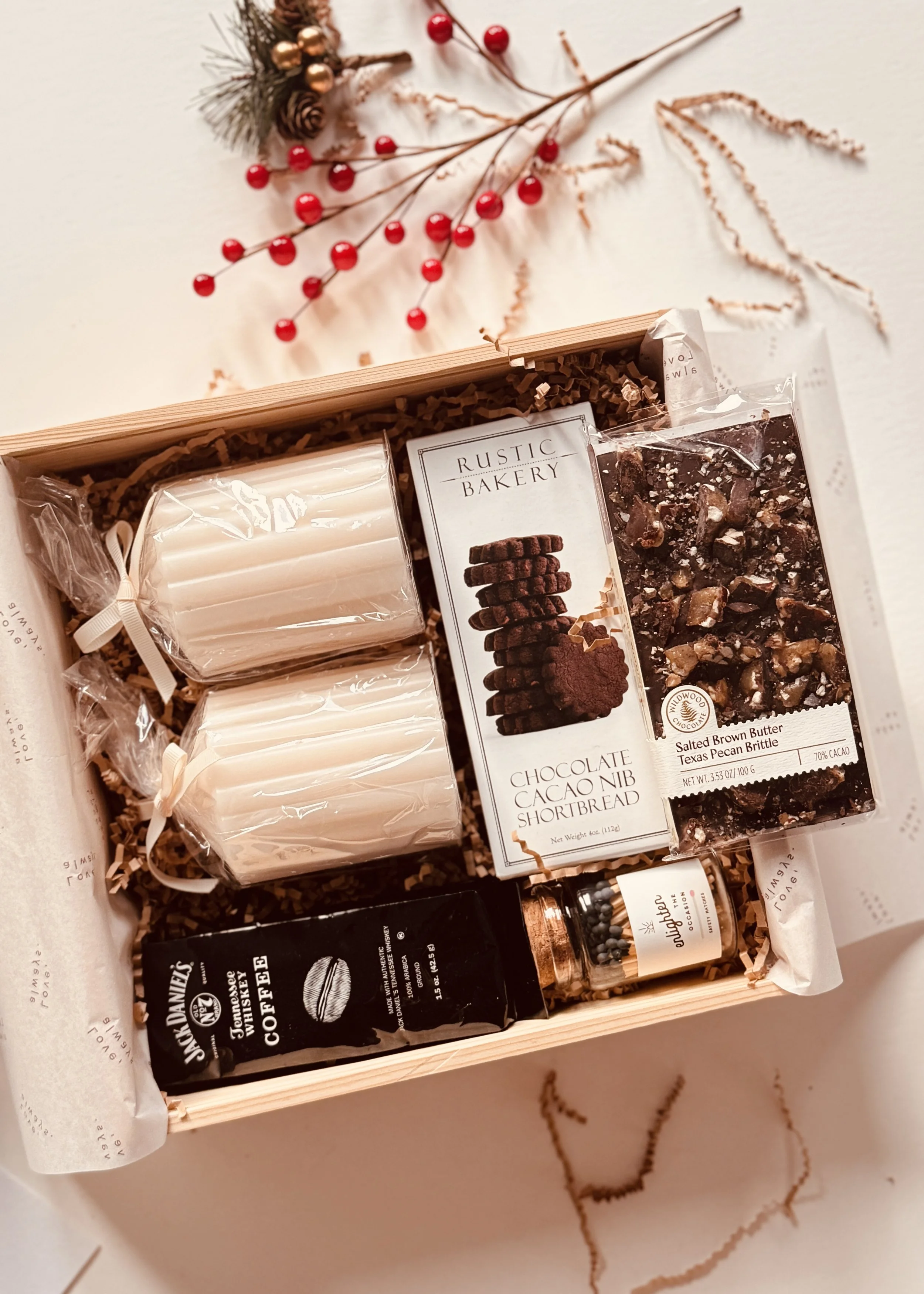 Golden Indulgence Gift Box with Tennessee Whiskey coffee, Rustic Bakery chocolate cacao nib shortbread, salted brown butter Texas pecan brittle, ivory candles, and matchsticks