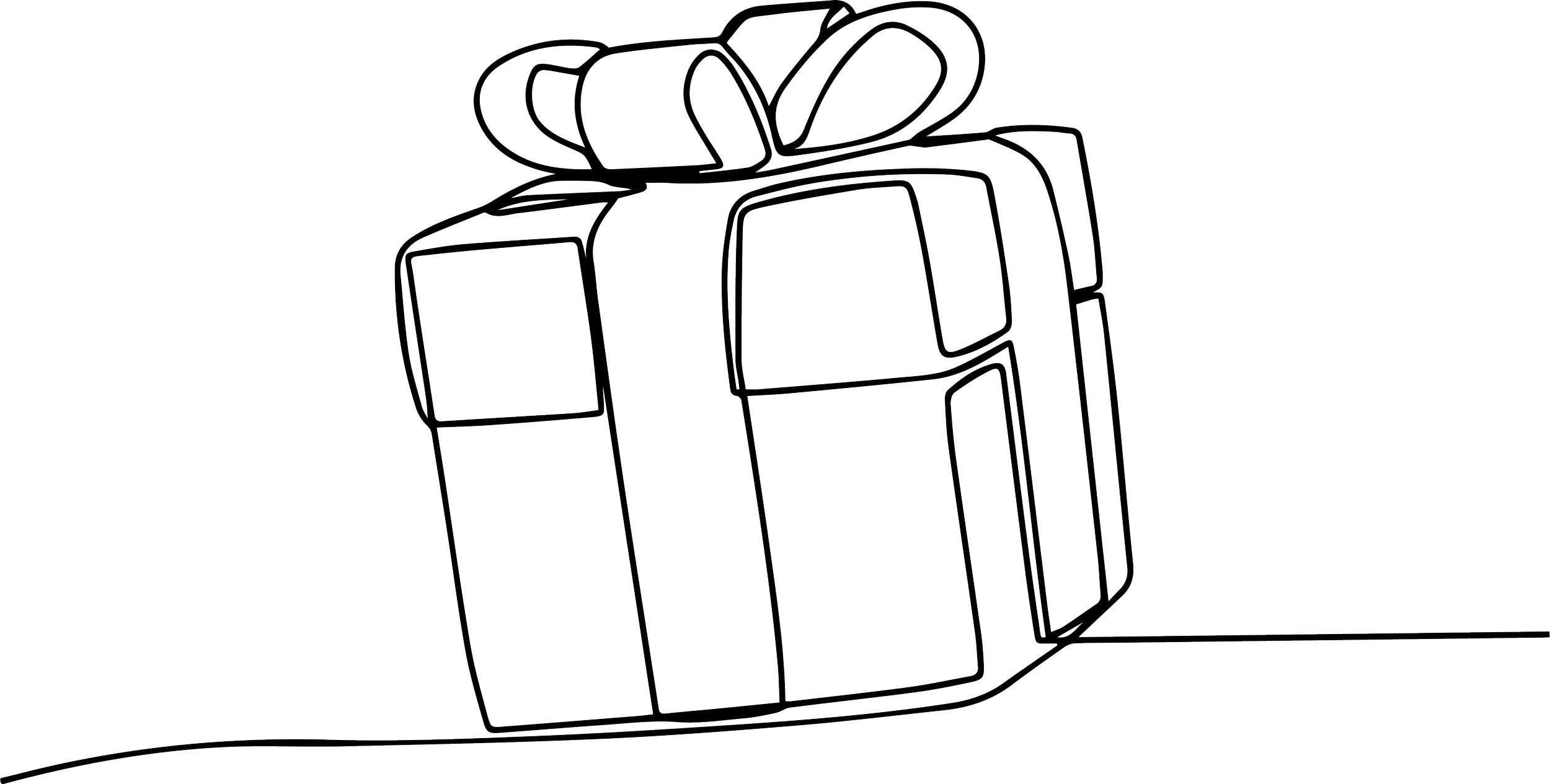 Outline drawing of a gift box with a bow on top, placed on a flat surface.