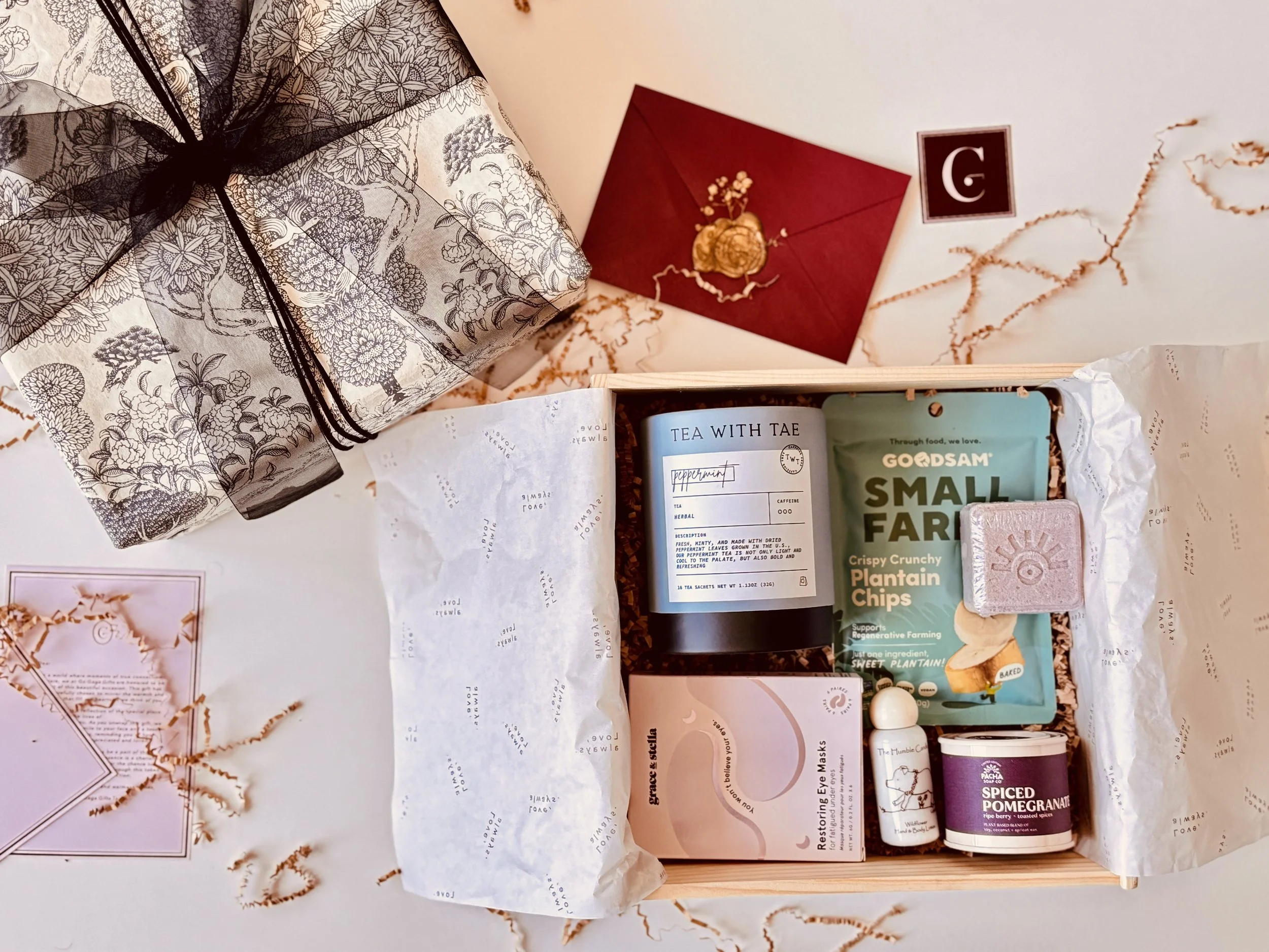 Get well soon gift box with peppermint tea, restoring eye masks, bath bomb, and cozy comforts from Go Gaga Gifts