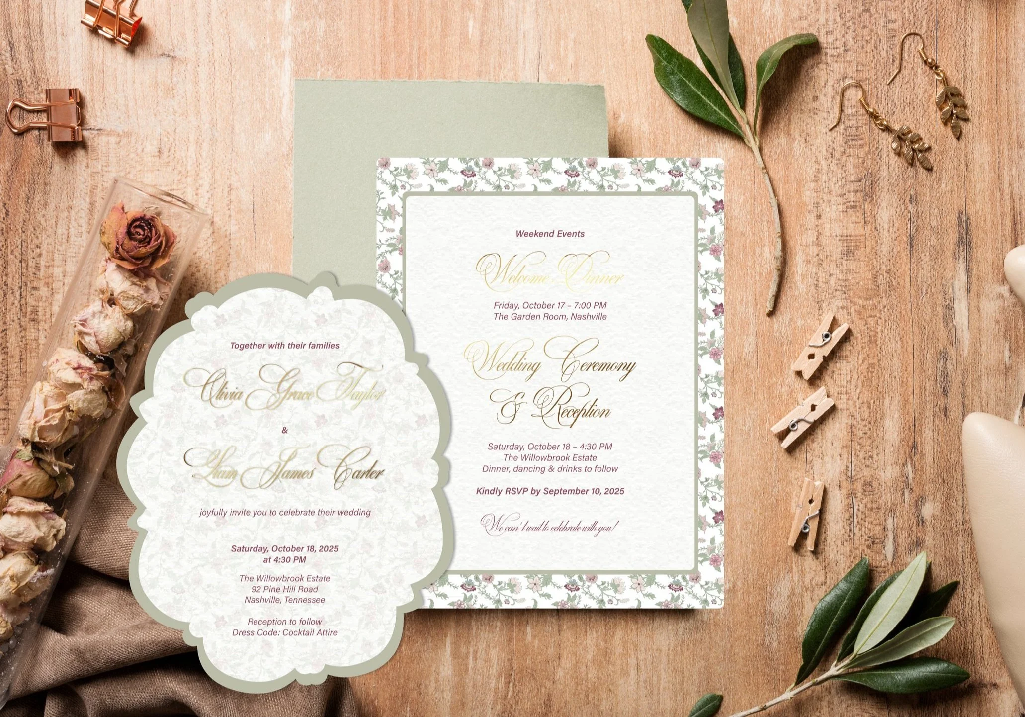 Floral wedding invitation set featuring elegant typography, placed on rustic wooden background with blush heels and dried roses – Design by Go Gaga Gifts.