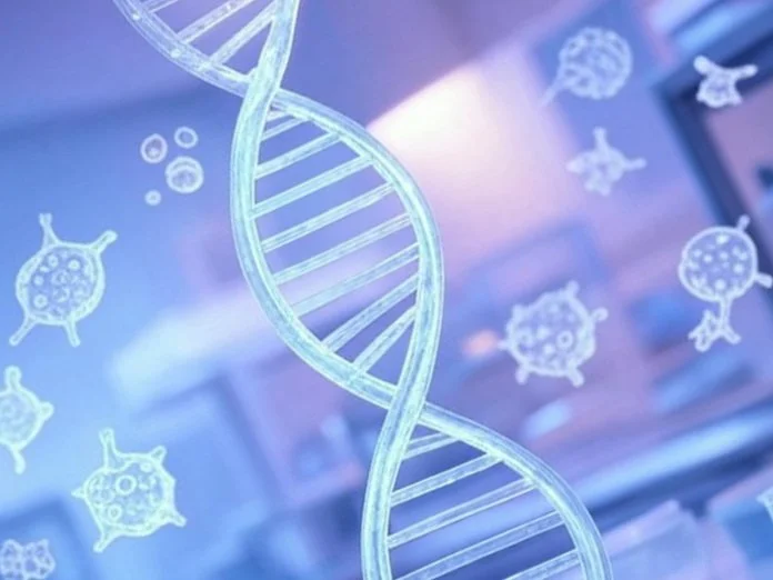 Digital illustration of a DNA double helix strand with virus or germ icons in the background.