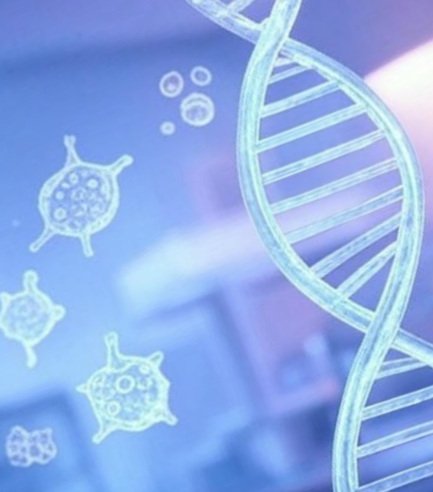 Illustration of a DNA double helix strand and various microscopic viruses or germs.