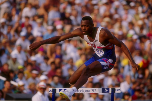 Kevin Young during the 400 meters hurdles final at the 1992 Barcelona Olympic Games. Kevin would go on to win the gold medal in a new world and Olympic record time.
