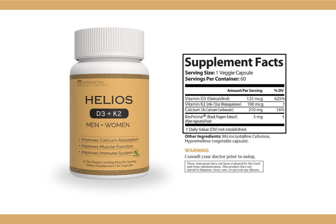 Vitamin D3 and K2 drops for easy consumption, aiding in bone density maintenance.