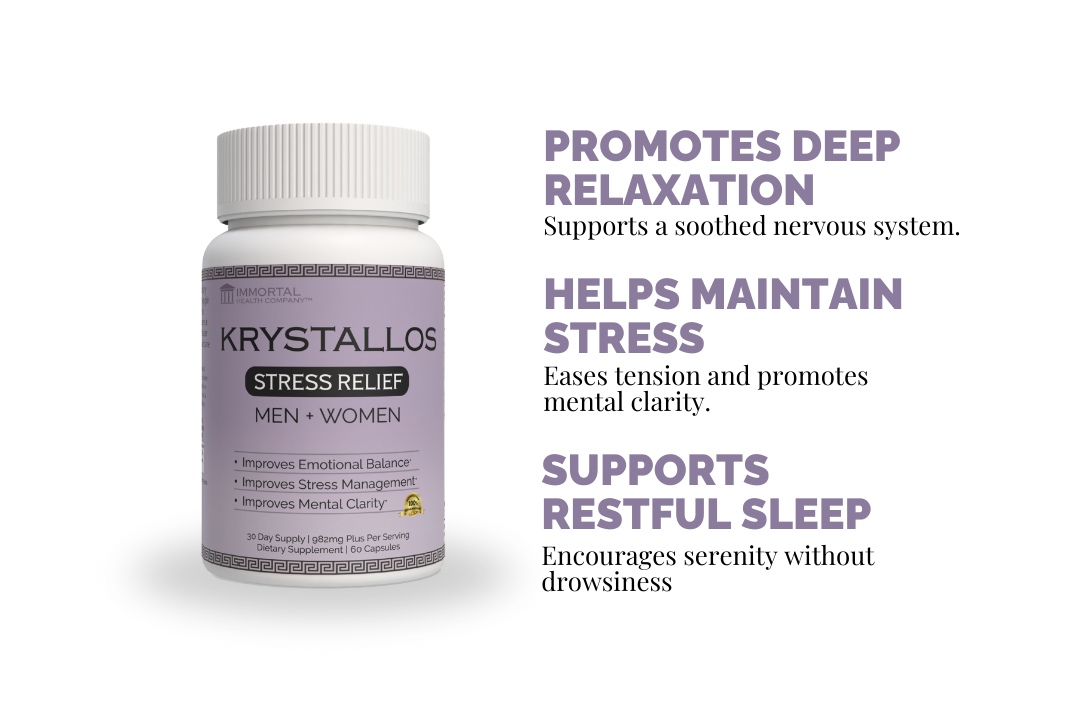 Natural stress relief capsules with ashwagandha and magnesium for calming support.