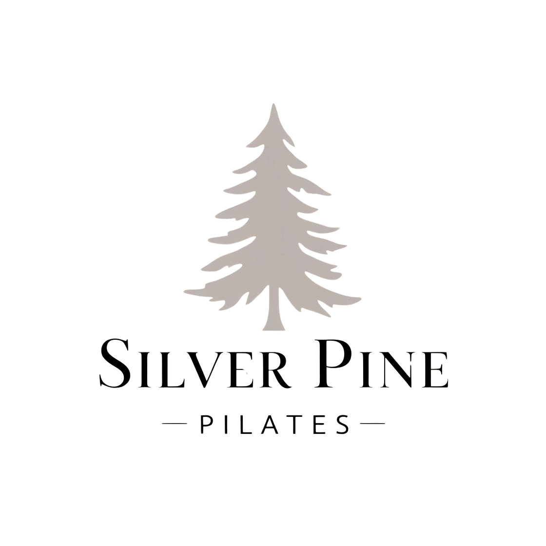 Logo for Silver Pine Pilates featuring a silhouette of a pine tree on a black background