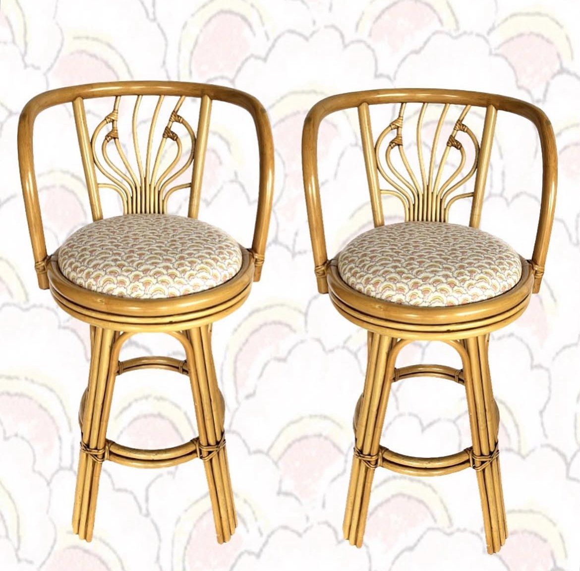 (2) Vintage Swivel Rattan Barstools