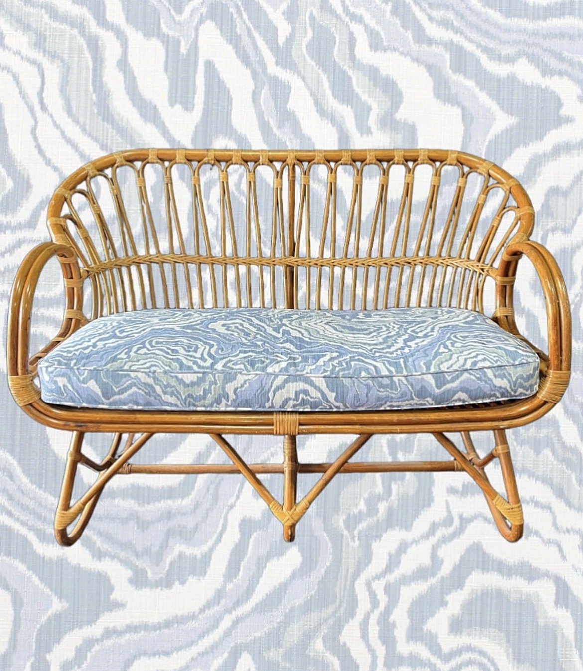 Vintage Rattan Bench w/ Custom Cushion