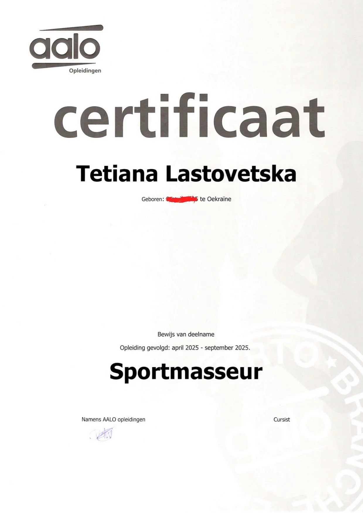 certificate Sportmasseur