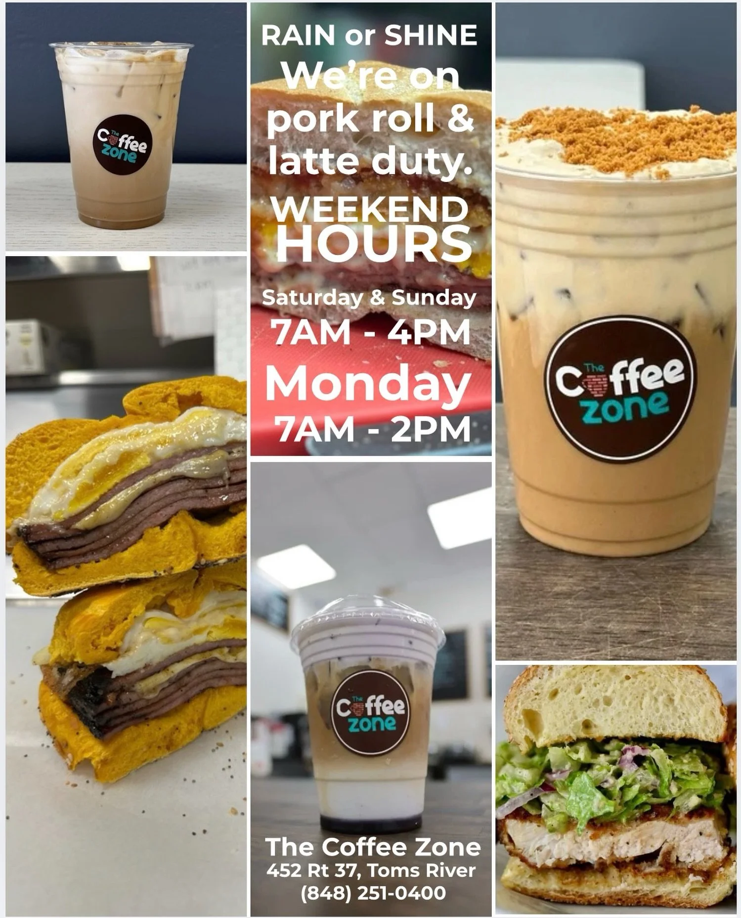 Rain or shine, we&rsquo;re still on pork roll &amp; latte duty ☔️☀️

Weekend hours:
Saturday &amp; Sunday: 7AM&ndash;4PM
Monday: 7AM&ndash;2PM

Can&rsquo;t make it in? We&rsquo;re on DoorDash, Grubhub &amp; Uber Eats &mdash; plus you can order online
