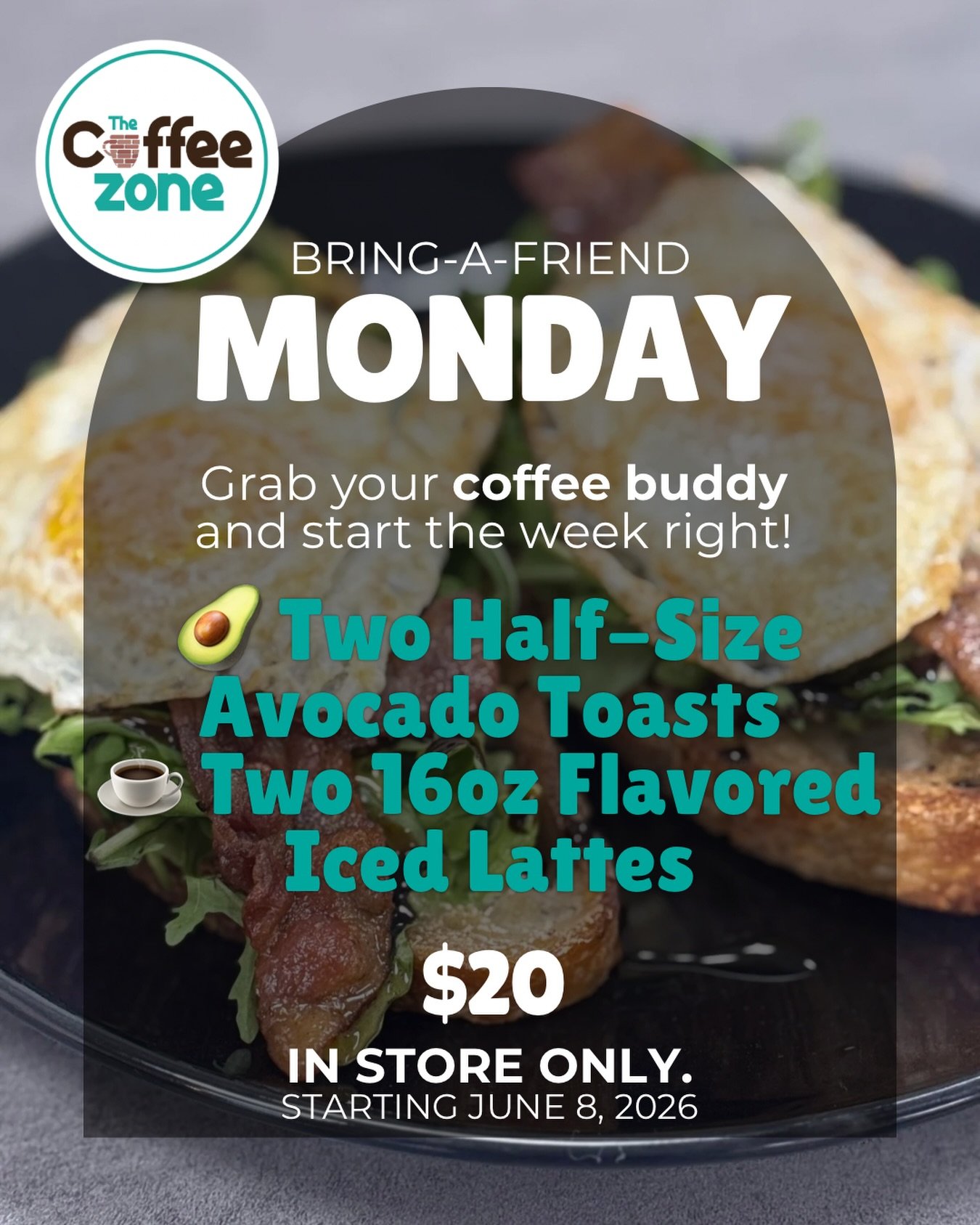 Because 2️⃣ is better than 1️⃣ ! Starting Monday, June 8 bring a friend and enjoy:

✔️Two half size Avocado Toasts
✔️Two Iced Latte + House-Made Syrup

for only $20!

Enjoy our Monday special all day long, in-store only! See you Monday 🤎

#coffeesho