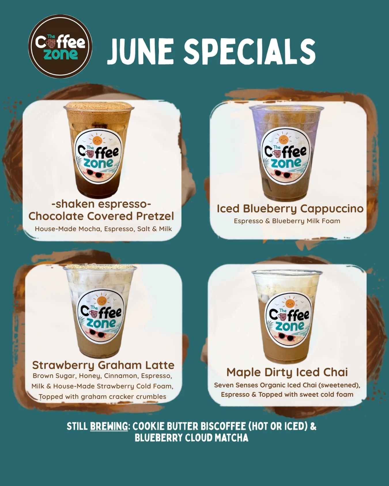 Have you met our June Specials?

🤎 Dirty Iced Chai
Made with our organic chai tea, espresso, and topped with sweet cold foam

🫐 Blueberry Cap
A twist on the classic cappuccino&mdash;served iced and sweetened with our house-made blueberry syrup

🍓 
