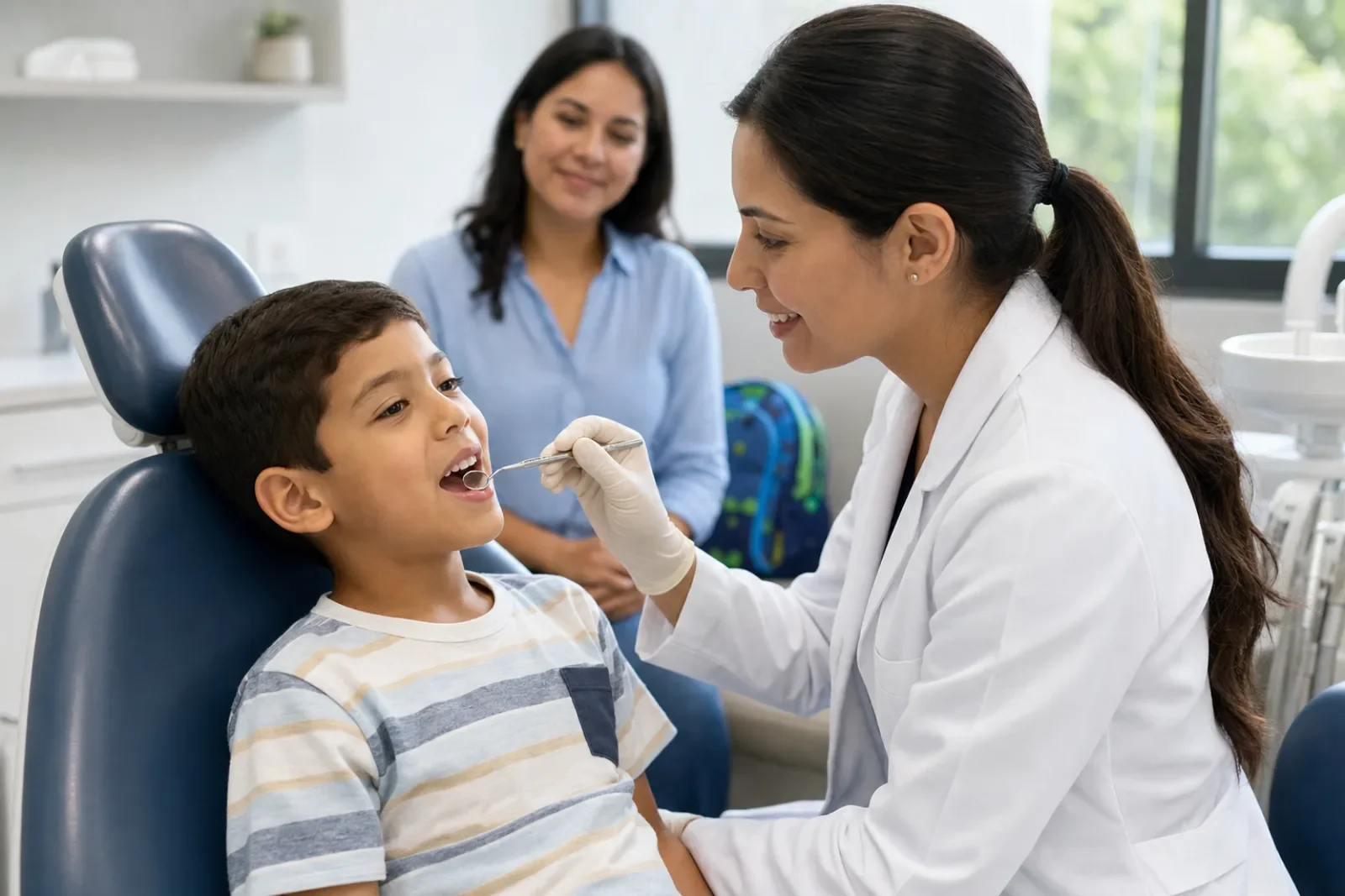 Odontopediatra revisando la sonrisa de un niño antes del regreso a clases en Monterrey.