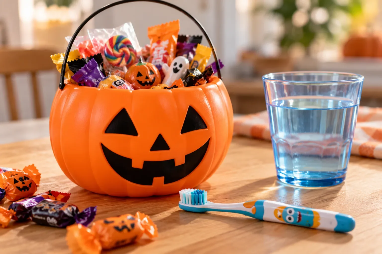 Calabaza de Halloween con dulces junto a un vaso de agua y un cepillo dental infantil
