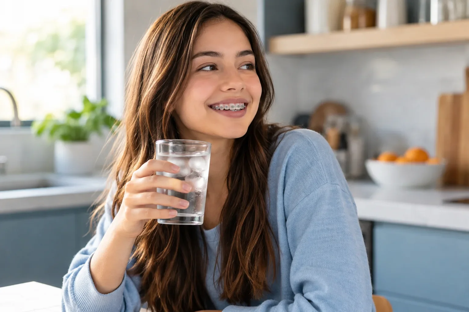 Joven con brackets metálicos sonriendo mientras toma un vaso de agua fría en la cocina