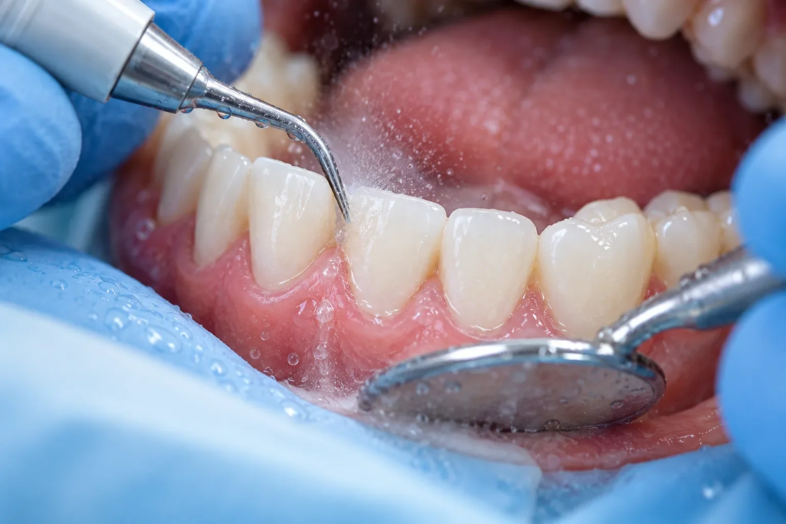 Limpieza dental profesional con ultrasonido sobre dientes y encías sanas
