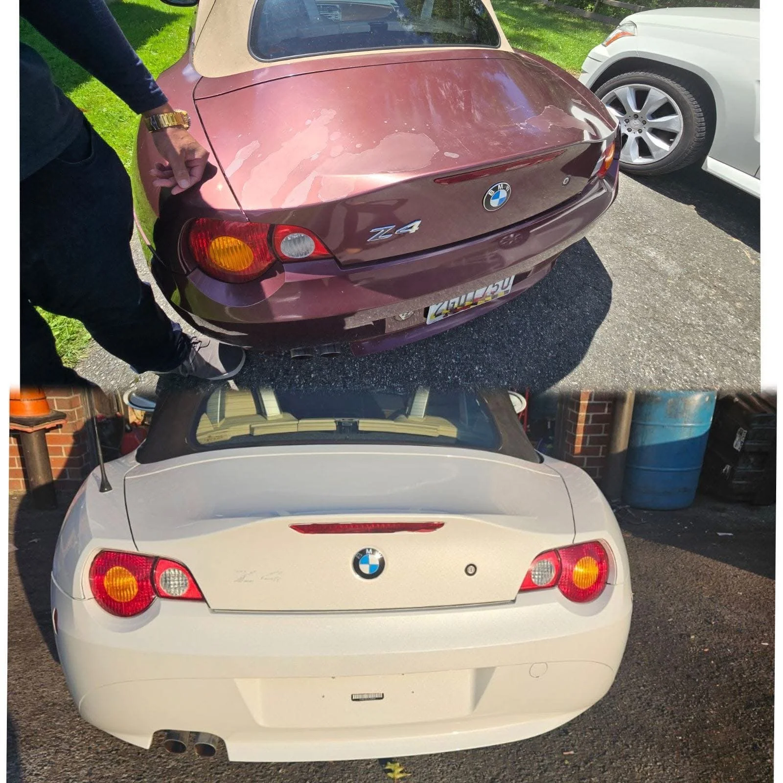 Two BMW Z4 cars, one red and one white, parked outdoors.
