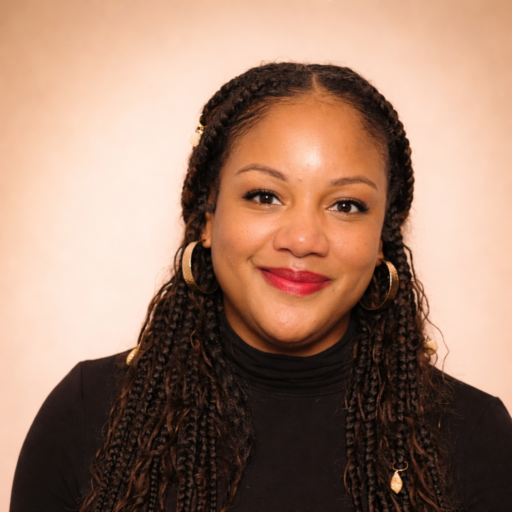 A smiling woman with braided hair and a gray headband lifting a young child outdoors in a park with blurred trees in the background.