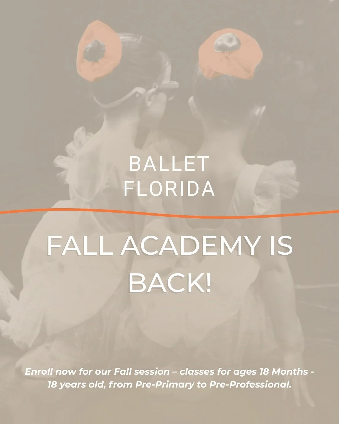 Fall Academy at Ballet Florida is now open! 

Is your child full of creative energy? Give them the chance to explore ballet, jazz, tap, modern, contemporary, and acrobatics all led by our faculty of professional company dancers.

Through our well rou