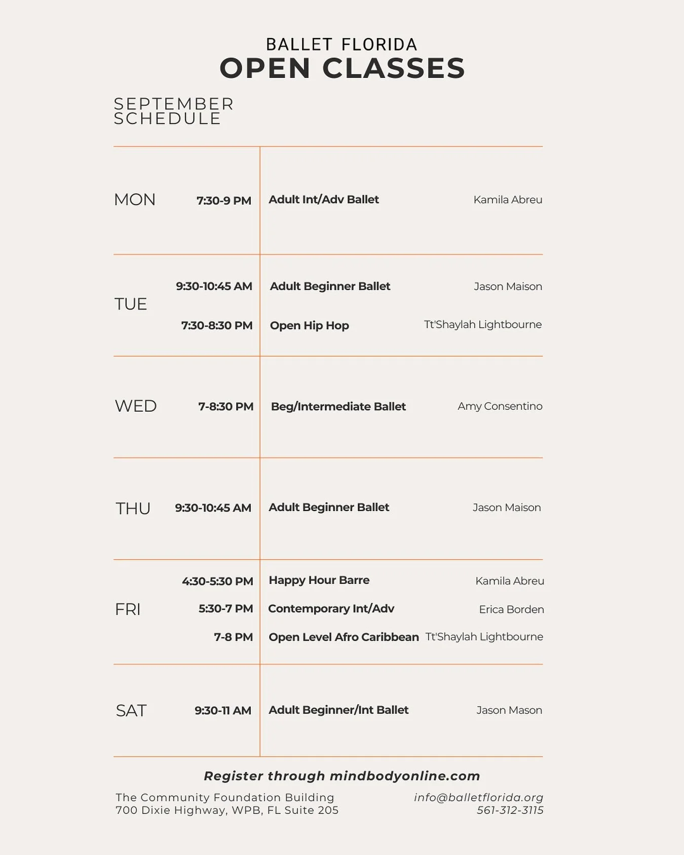 September Adult Open Class Schedule. Book a class on our website through the link in bio!