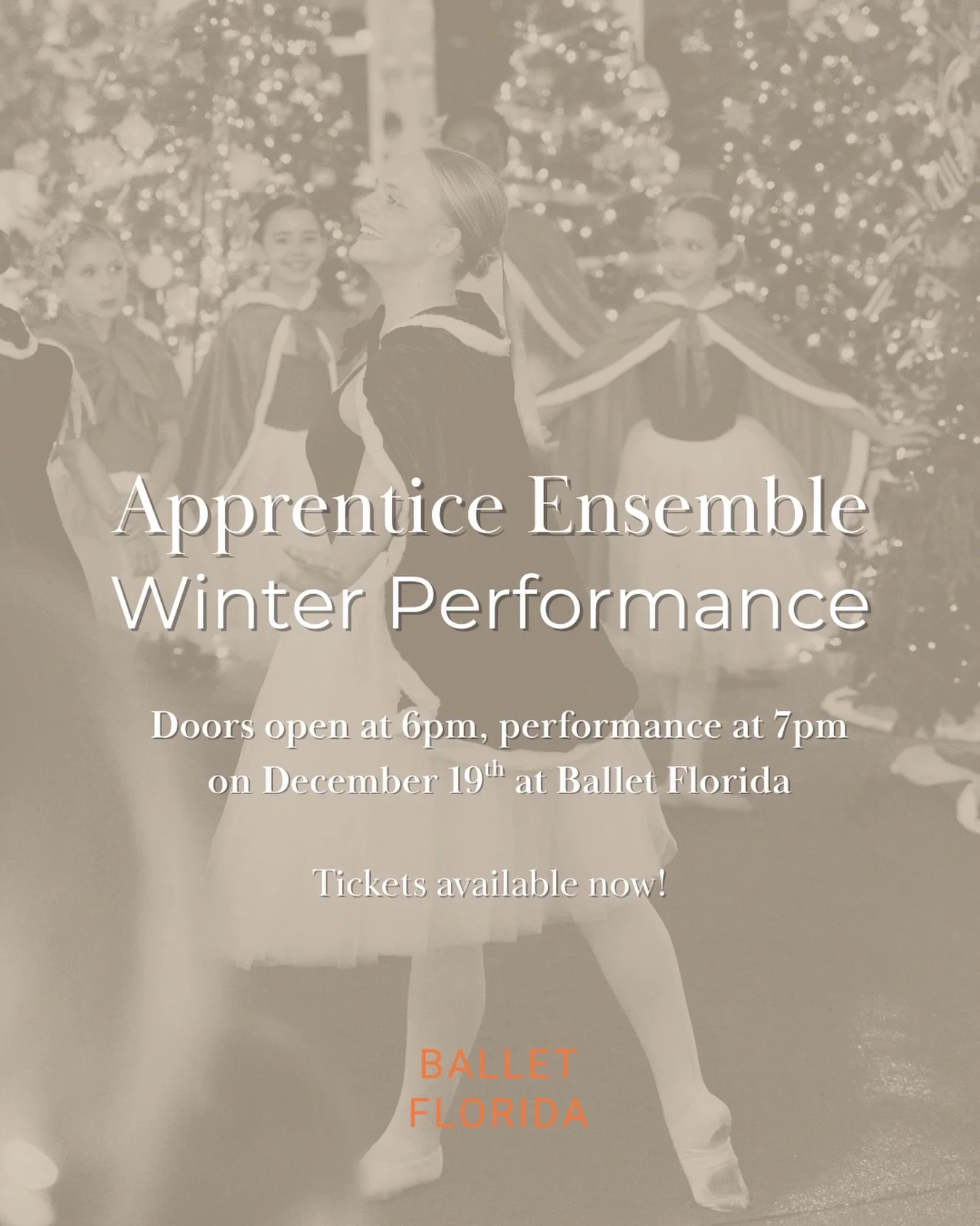 Ballet Florida&rsquo;s Apprentice Ensemble performs on December 19 at 7PM. Doors open at 6PM so you can browse the silent auction before the show.

This 30-minute program includes:
&bull; Ballet Les Patineurs &ndash; Skaters&rsquo; Waltz
&bull; A Jaz
