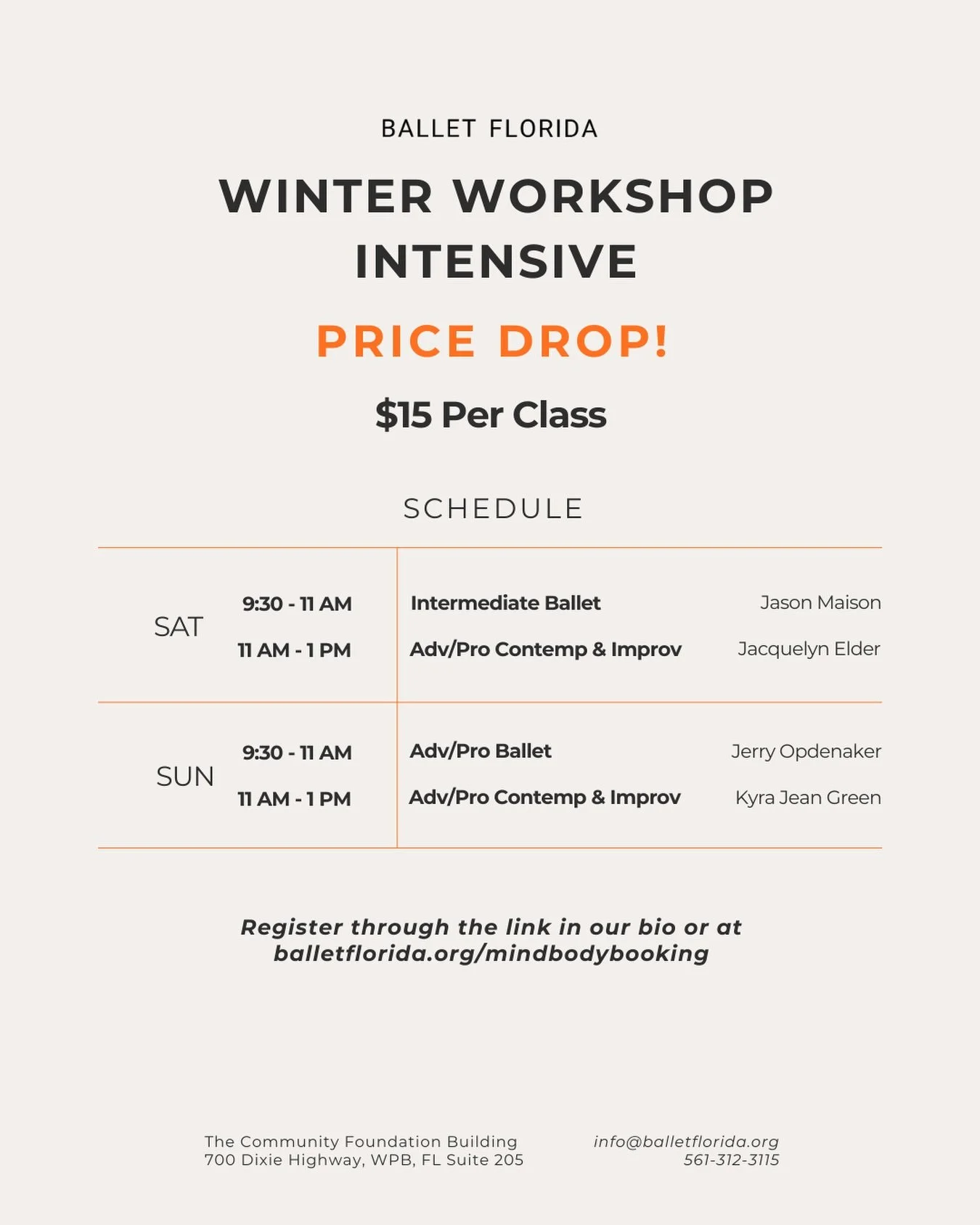 PRICE DROP! Sign up for our Winter Workshop Intensive by class. 

$15 per Class

Register in the link in our bio or at BalletFlorida.org/mindbodybooking

The Instructors

Kyra Jean Green &mdash; Internationally working choreographer and performer bas