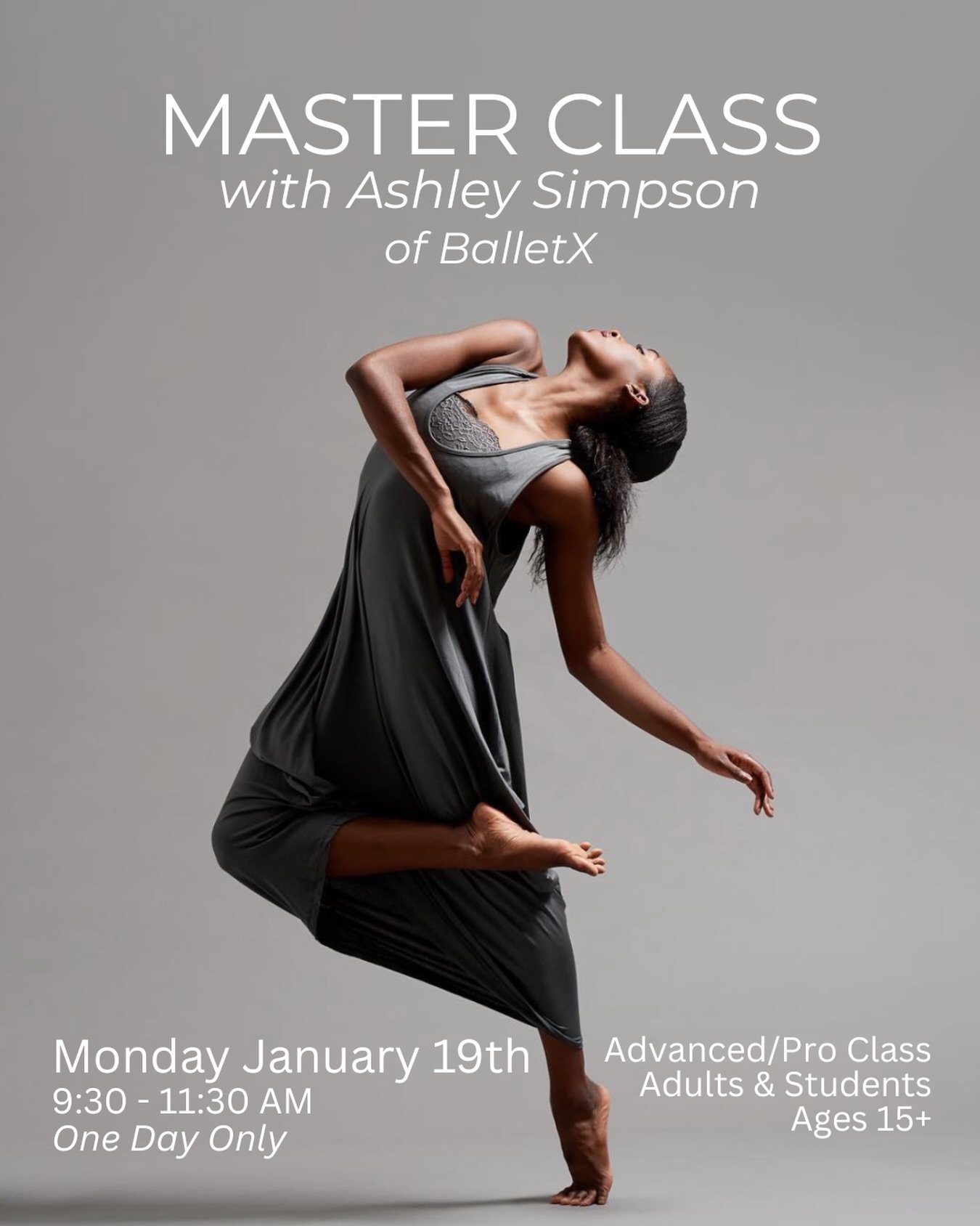 🚨 Master Class + Giveaway🚨
@ashullzz_ is teaching a Contemporary Ballet Master Class this coming Monday January 19th &mdash; now live on Mindbody and the Link in our Bio.

Ashley Simpson is currently performing with BalletX. She trained at A.W. Dre