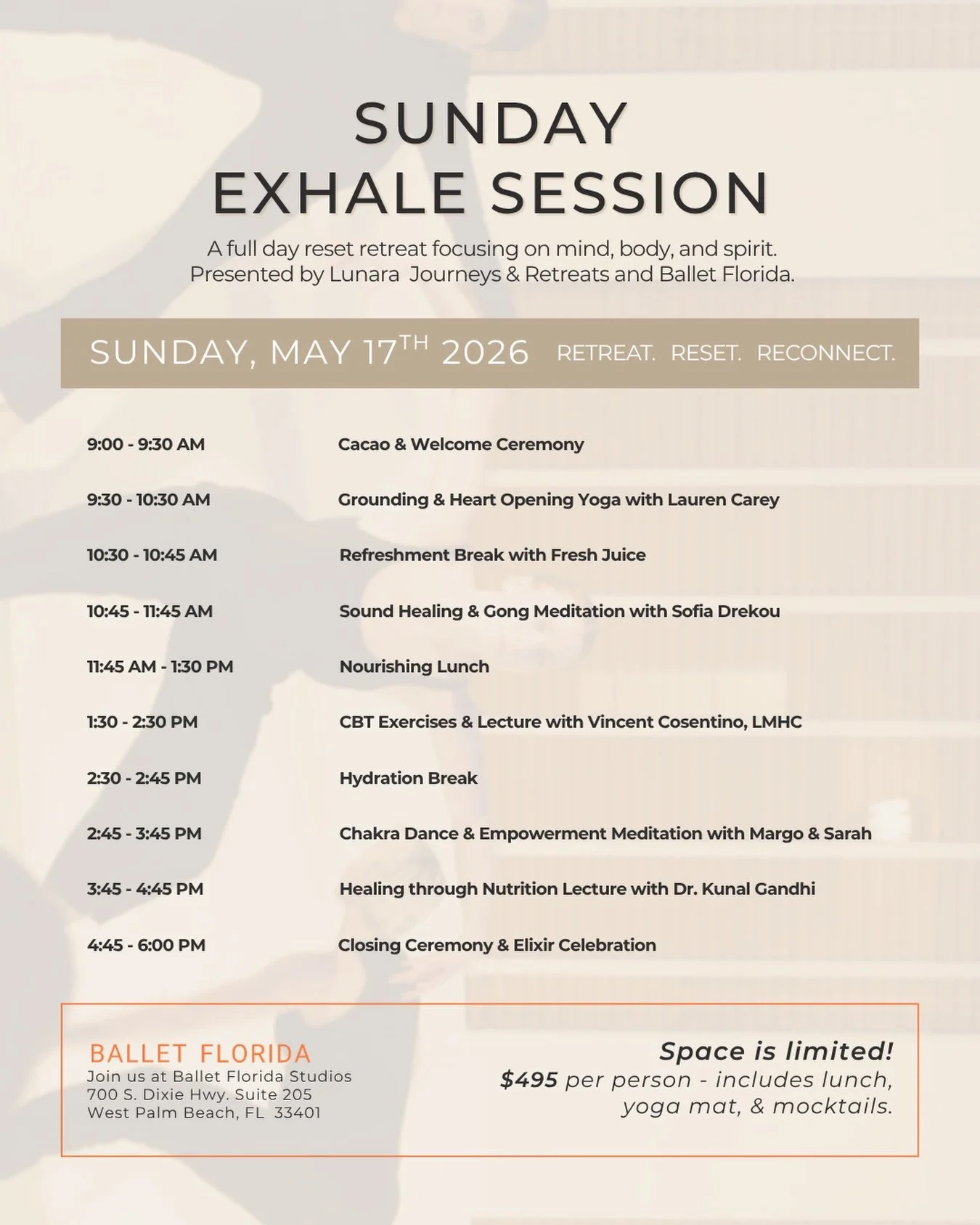 Mother&rsquo;s Day is just around the corner! This is your chance to say thank you and treat your mother to a rejuvenating day!

Ballet Florida&rsquo;s Sunday Exhale is a full day immersive wellness experience designed to nourish your mind, body, and