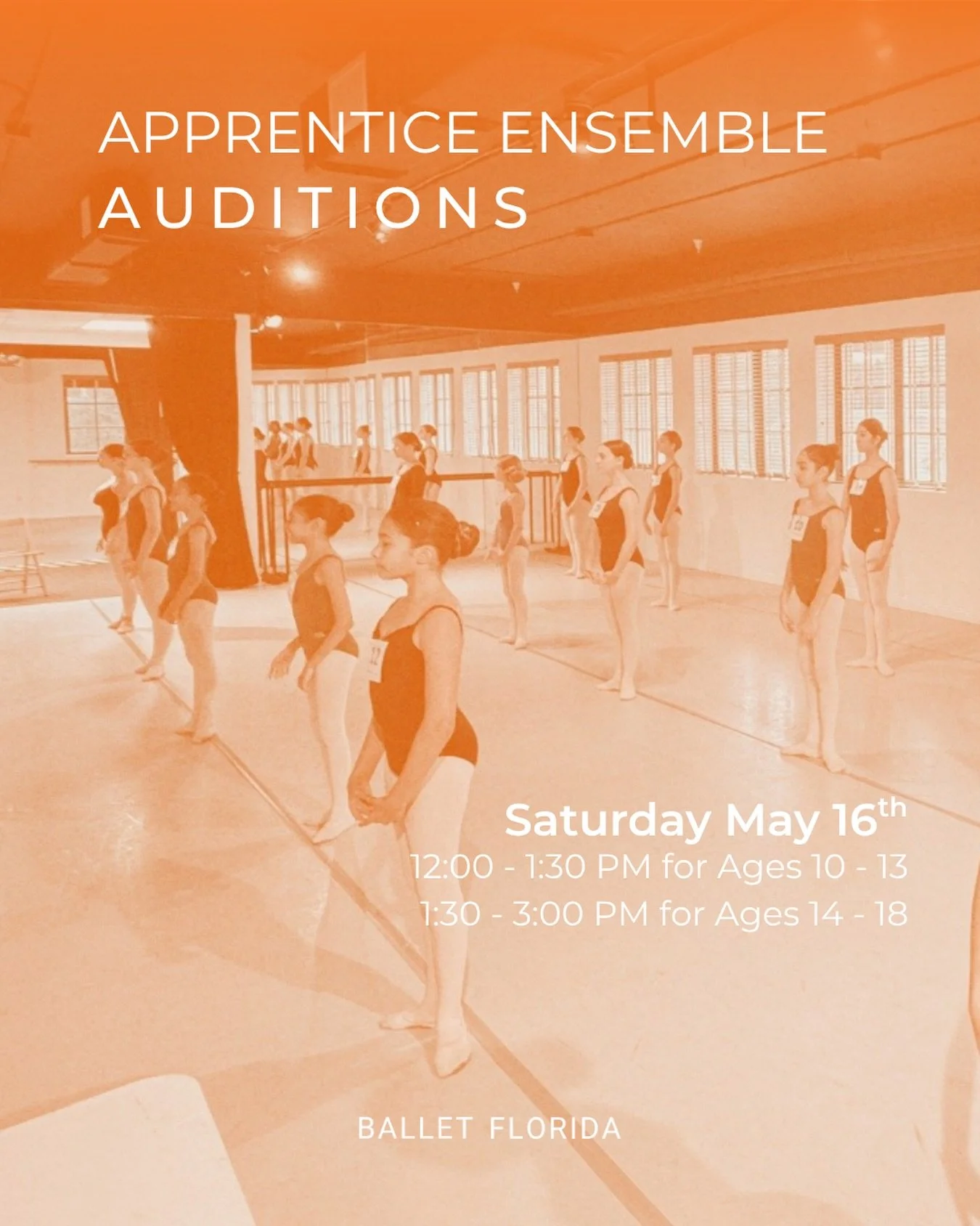 Ballet Florida&rsquo;s Apprentice Ensemble Auditions are here! This is an exciting opportunity for dedicated young dancers to train, perform, and grow within a professional company environment.

📅 Saturday, May 16th
🕛 Ages 10&ndash;13: 12:00&ndash;