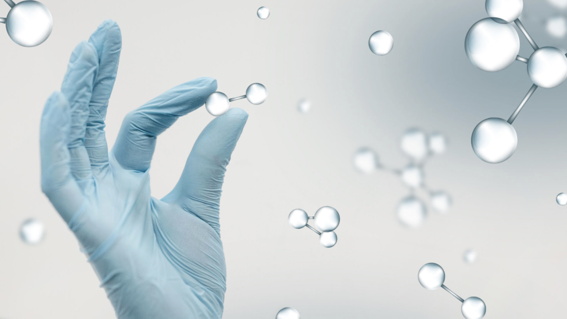 A gloved hand reaching towards floating molecular models in a laboratory or scientific setting.