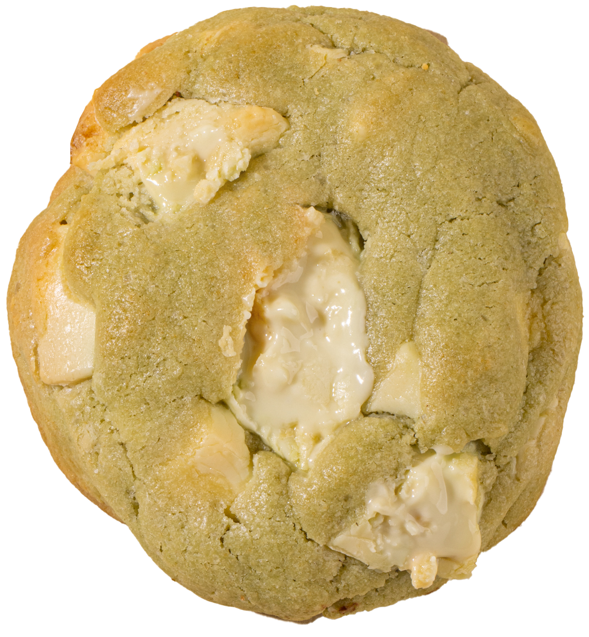 Close-up of a partially bitten white chocolate chip cookie with a soft center and chewy texture.