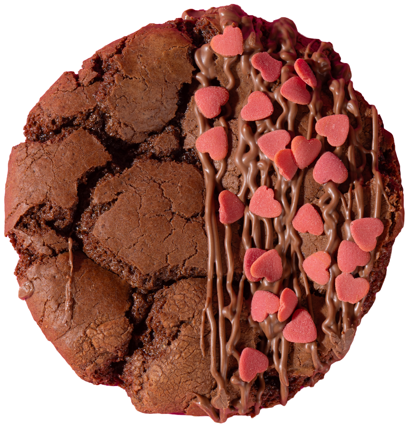 Chocolate brownie topped with pink heart-shaped sprinkles and drizzled with chocolate.