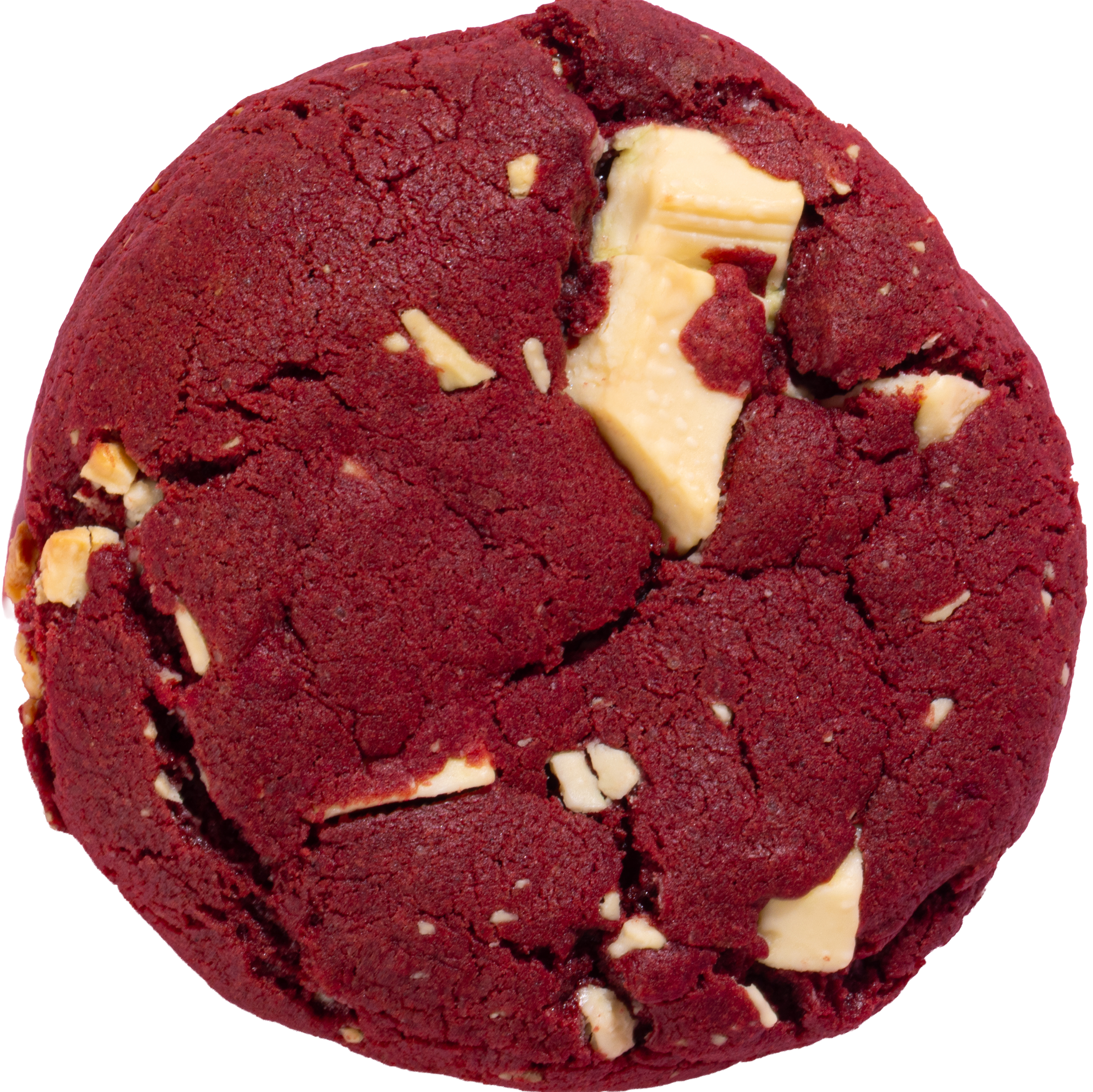 A close-up of a red velvet cookie with white chocolate chunks.