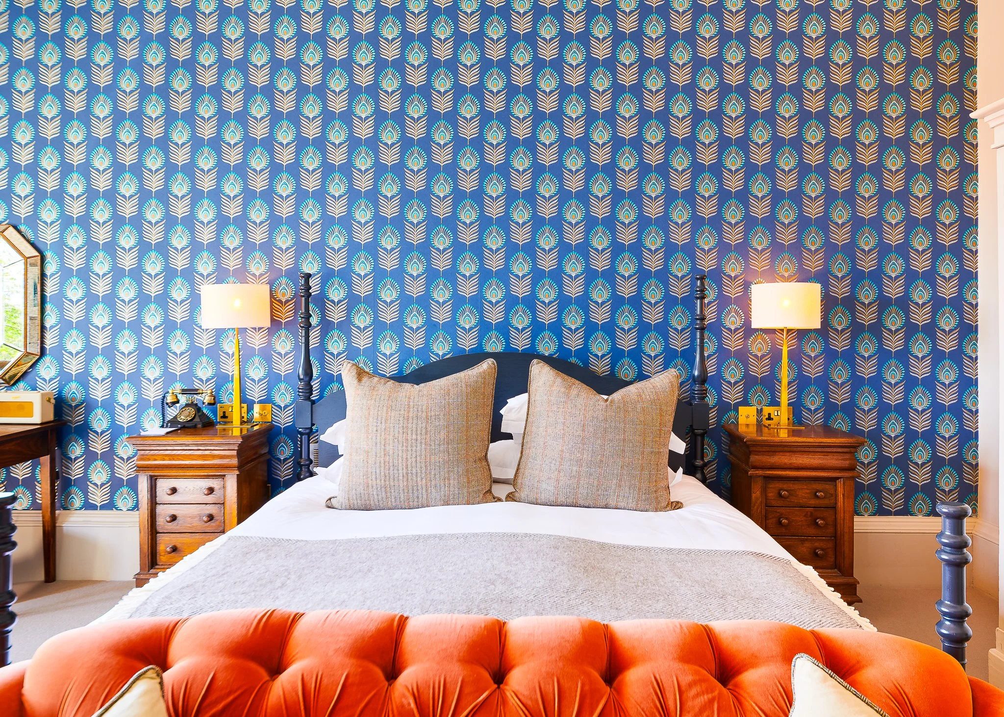 Roseate Edinburgh guest bedroom with blue wallpaper – boutique hotel photography Edinburgh Scotland