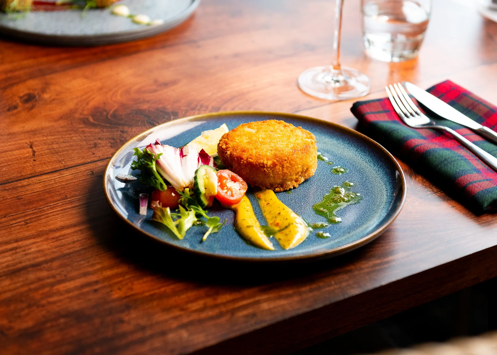 Karma Lake of Monteith crispy crab cake starter – hotel restaurant food photography Scotland