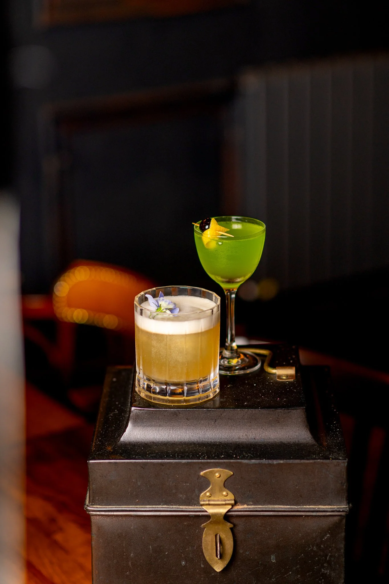 Duke's Umbrella Glasgow cocktail on dark background – bar photography Glasgow Scotland
