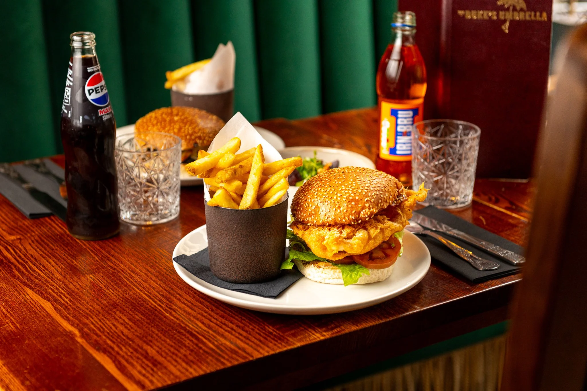 Duke's Umbrella Glasgow burger and fries with drinks – restaurant food photography Glasgow