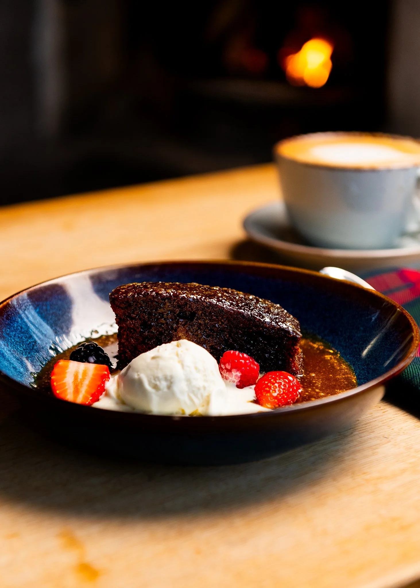 Karma Lake of Monteith chocolate brownie with ice cream – food photography Scotland