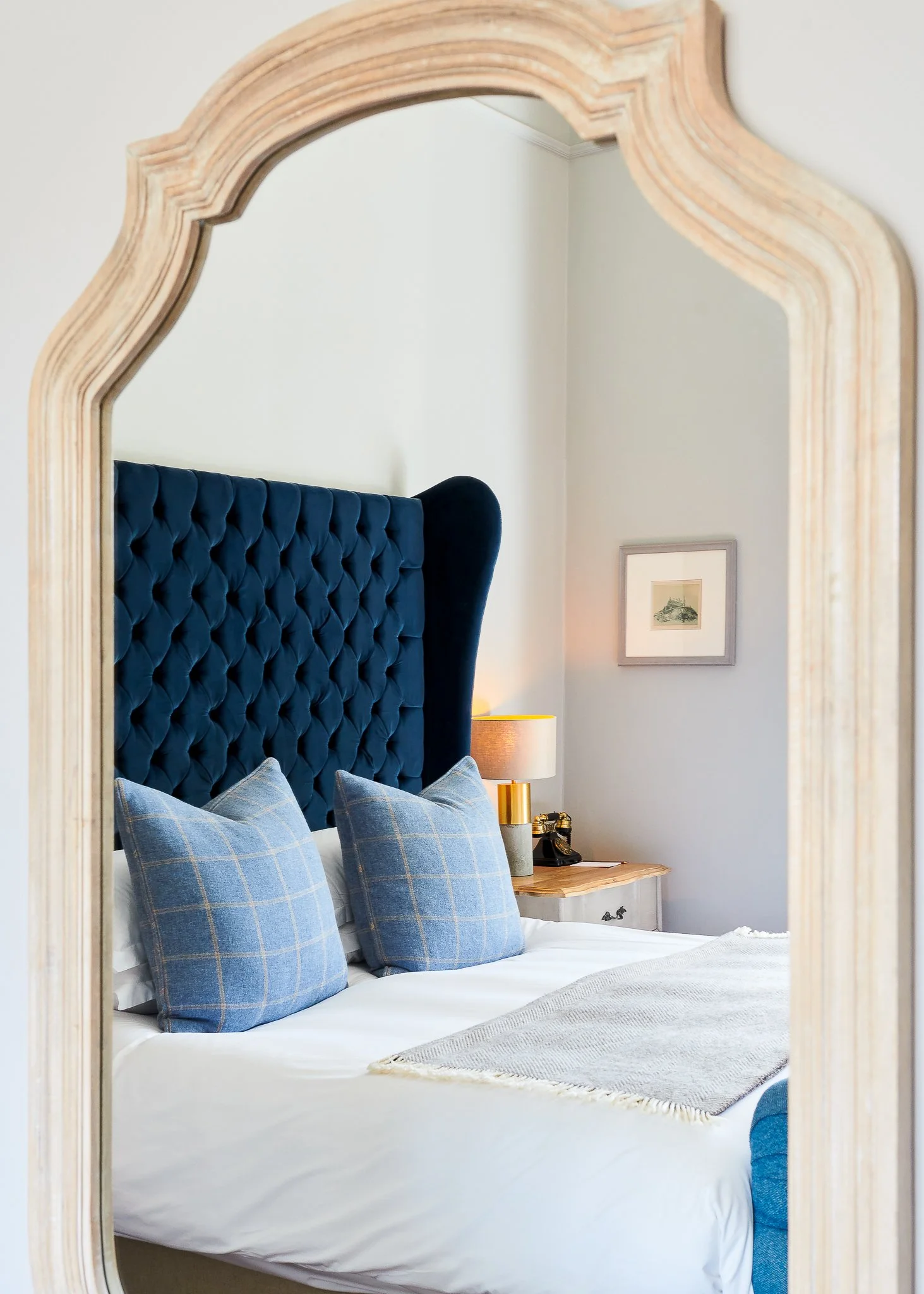 Roseate Edinburgh bedroom with blue tufted headboard – boutique hotel photographer Edinburgh