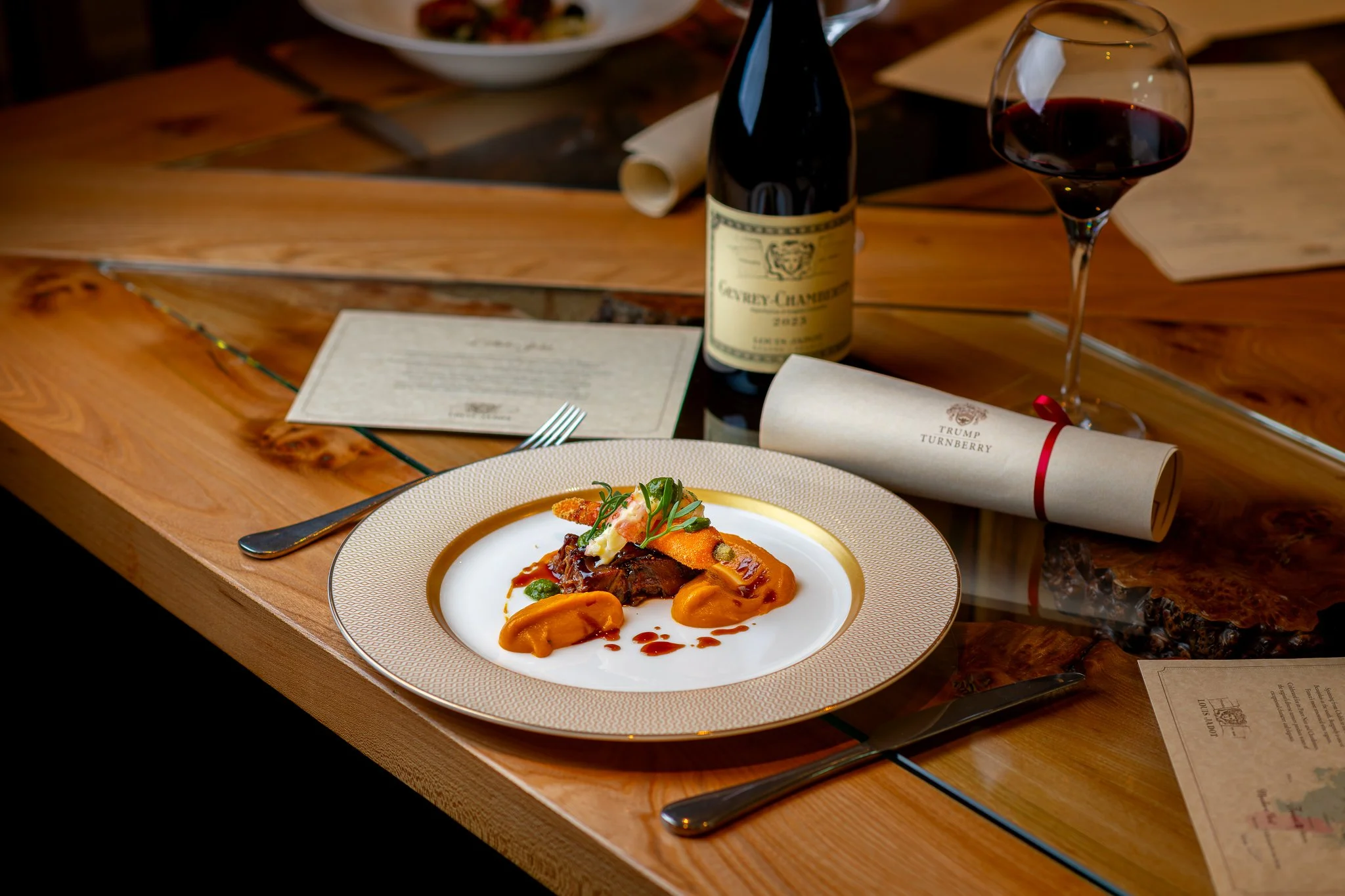 Trump Turnberry meat dish with red wine – fine dining food photographer Ayrshire Scotland
